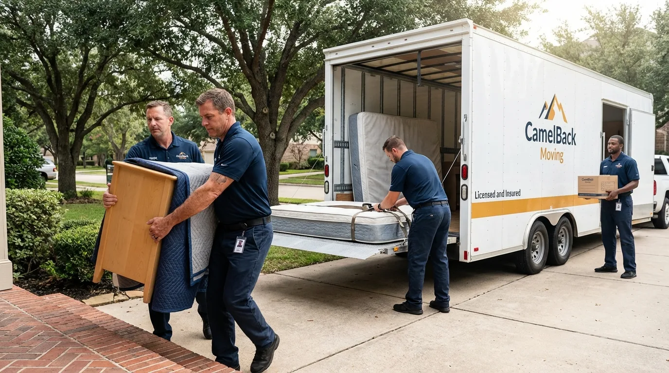 Crew loading residential truck for cross-state move from Elroy, WI