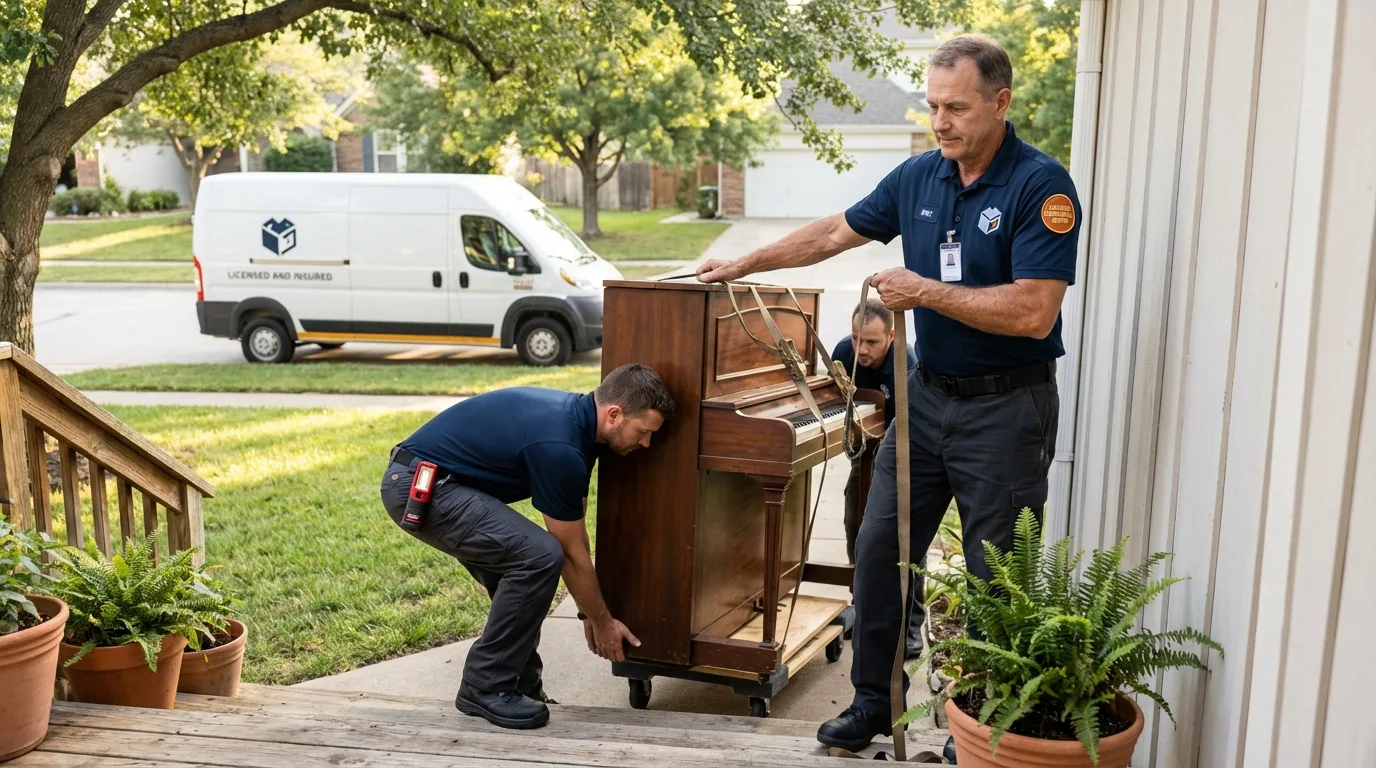 Licensed piano movers securing grand piano in Elroy, WI