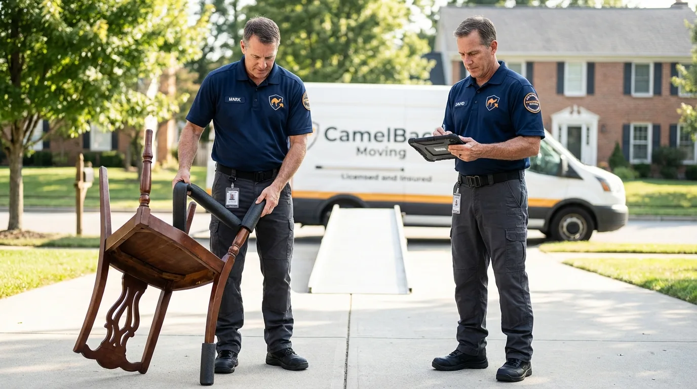 Movers inspecting furniture for damage prevention before loading in Elroy, WI