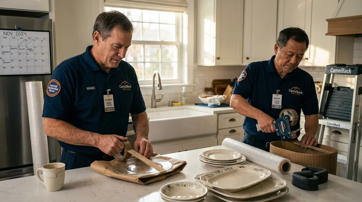 Professional crew packing kitchen dishware in Elroy, WI